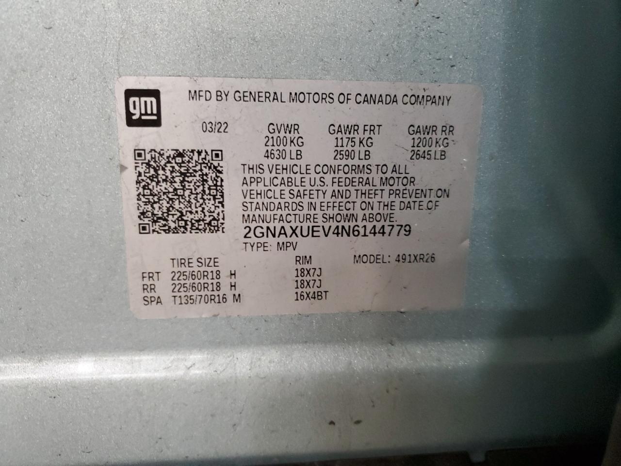 2022 Chevrolet Equinox Lt VIN: 2GNAXUEV4N6144779 Lot: 80428335