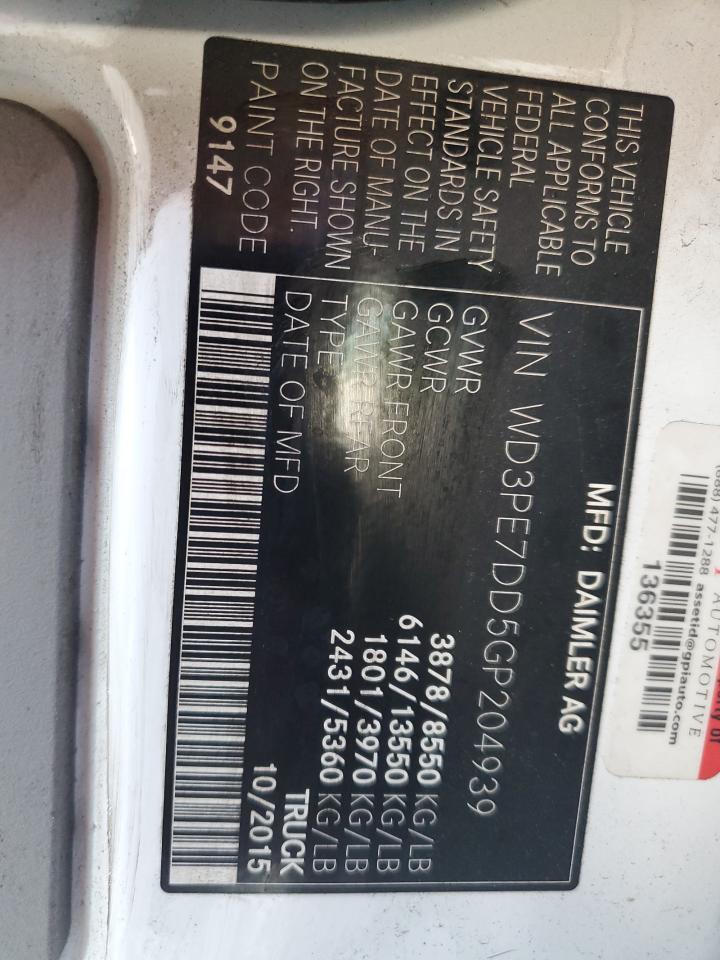 2016 Mercedes-Benz Sprinter 2500 VIN: WD3PE7DD5GP204939 Lot: 83769025