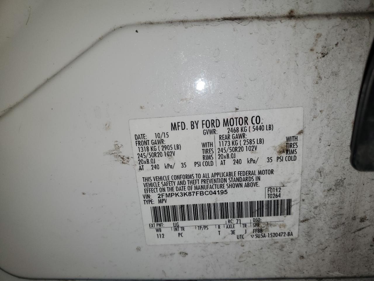 2015 Ford Edge Titanium VIN: 2FMPK3K87FBC04195 Lot: 84284595