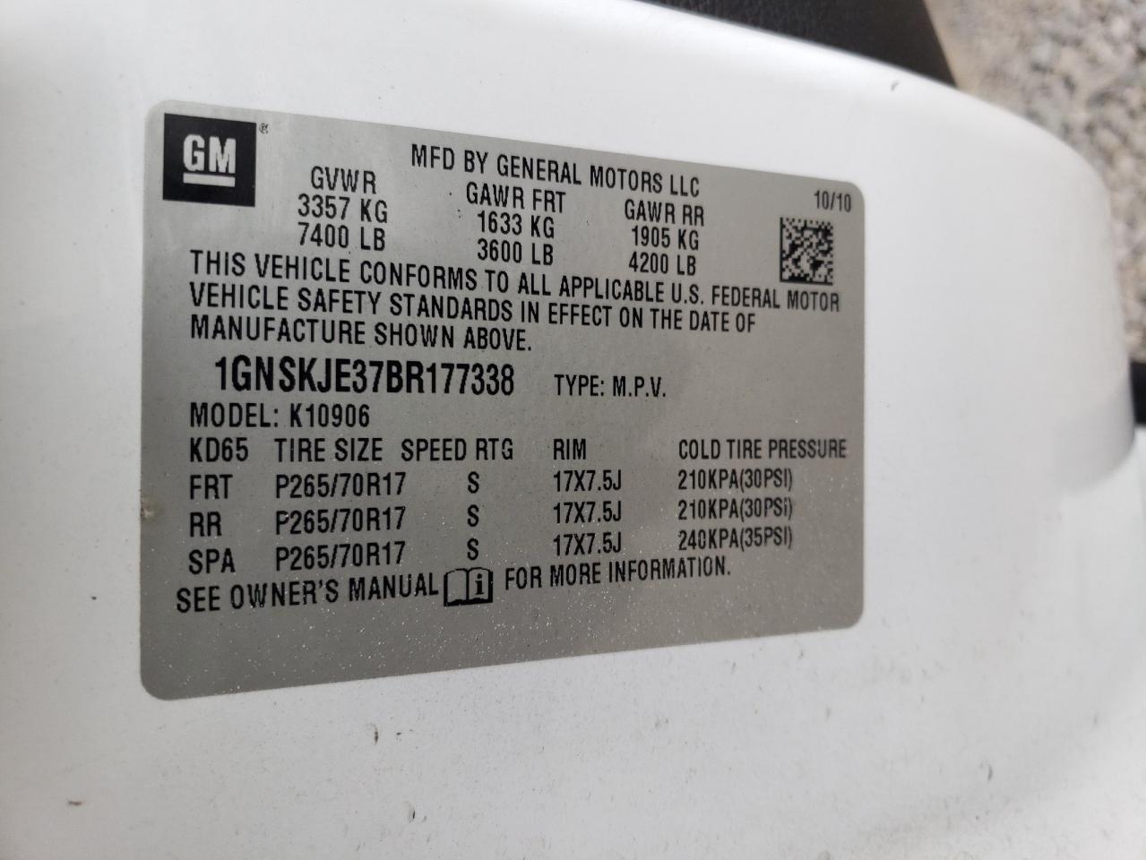2011 Chevrolet Suburban K1500 Lt VIN: 1GNSKJE37BR177338 Lot: 82066785