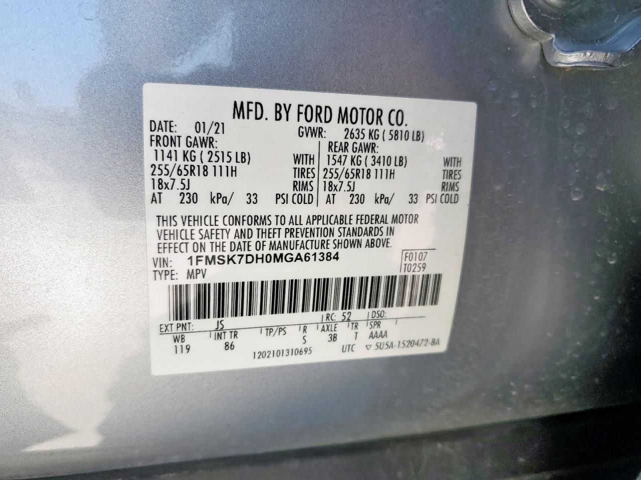 2021 Ford Explorer Xlt VIN: 1FMSK7DH0MGA61384 Lot: 71467675