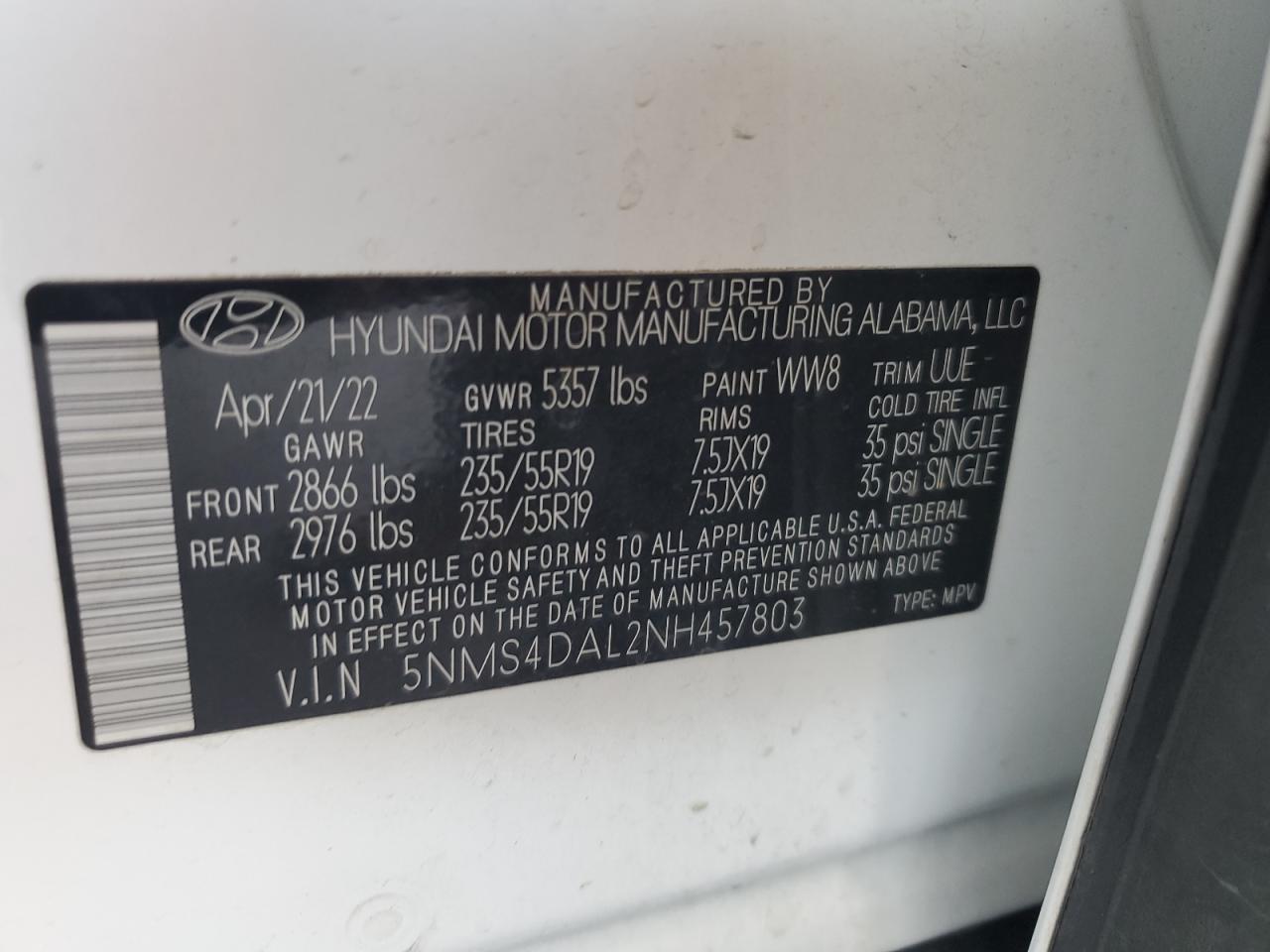 2022 Hyundai Santa Fe Limited VIN: 5NMS4DAL2NH457803 Lot: 80713855