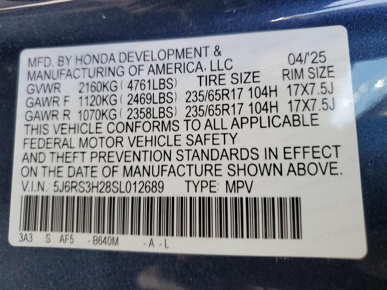 2025 Honda Cr-V Lx VIN: 5J6RS3H28SL012689 Lot: 71317855