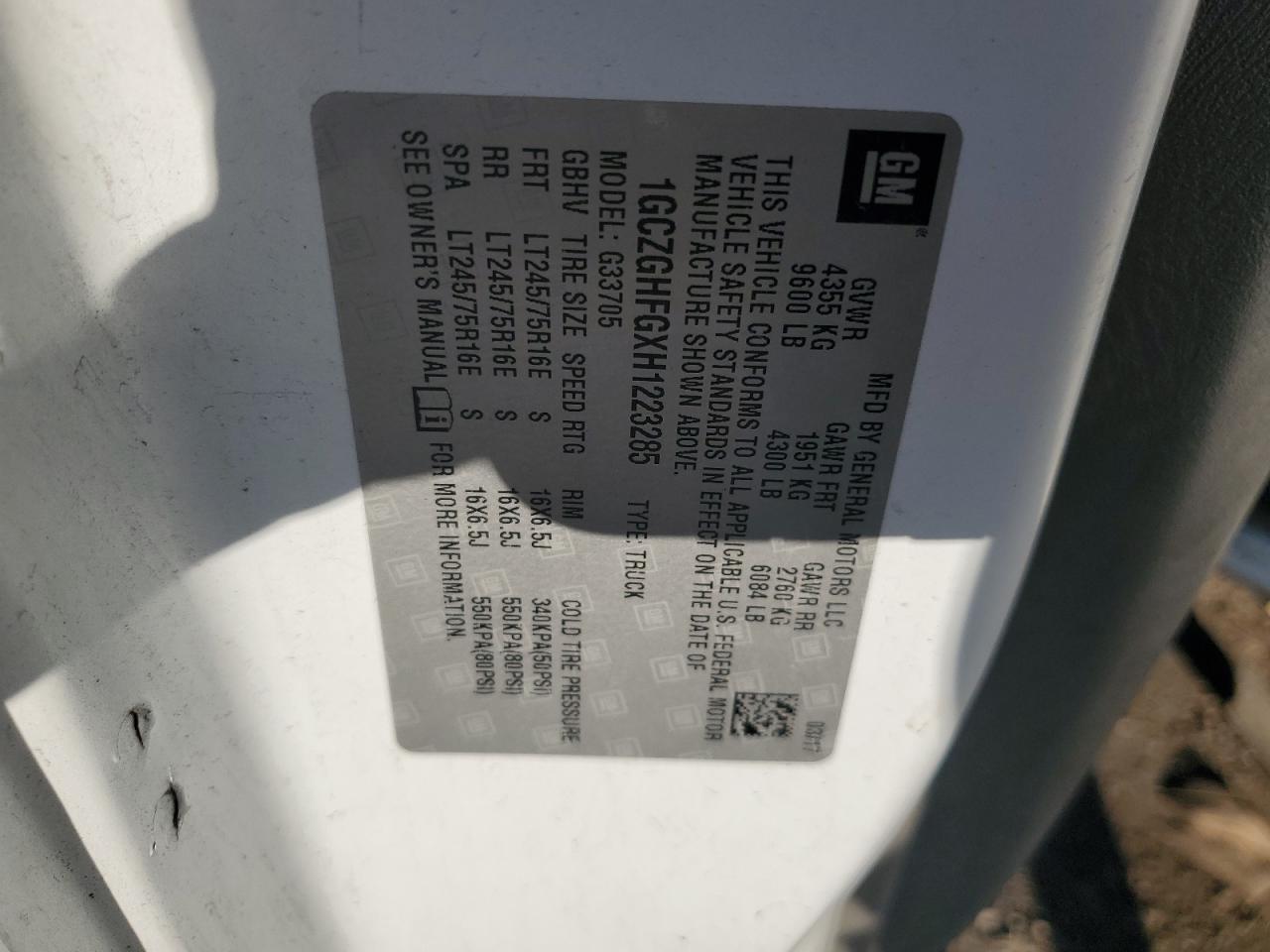 2017 Chevrolet Express G3500 VIN: 1GCZGHFGXH1223285 Lot: 81923725