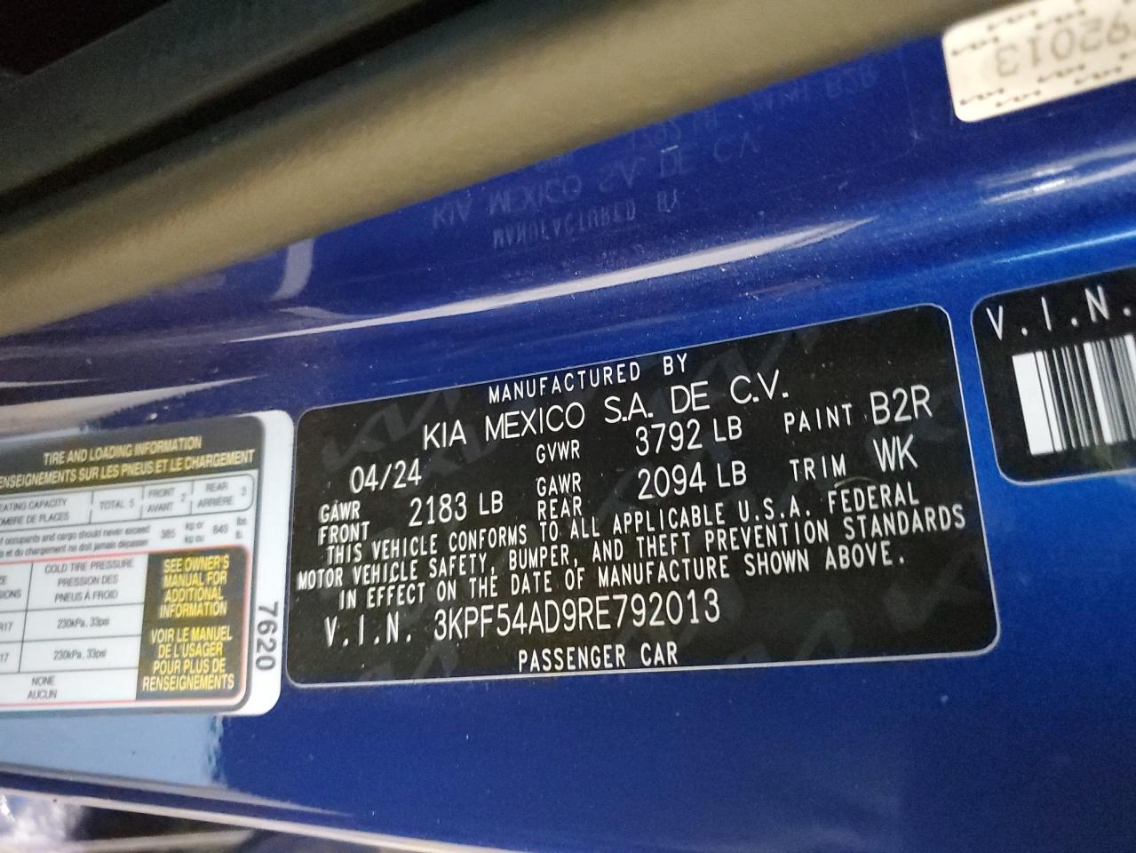 2024 Kia Forte Gt Line VIN: 3KPF54AD9RE792013 Lot: 81238935