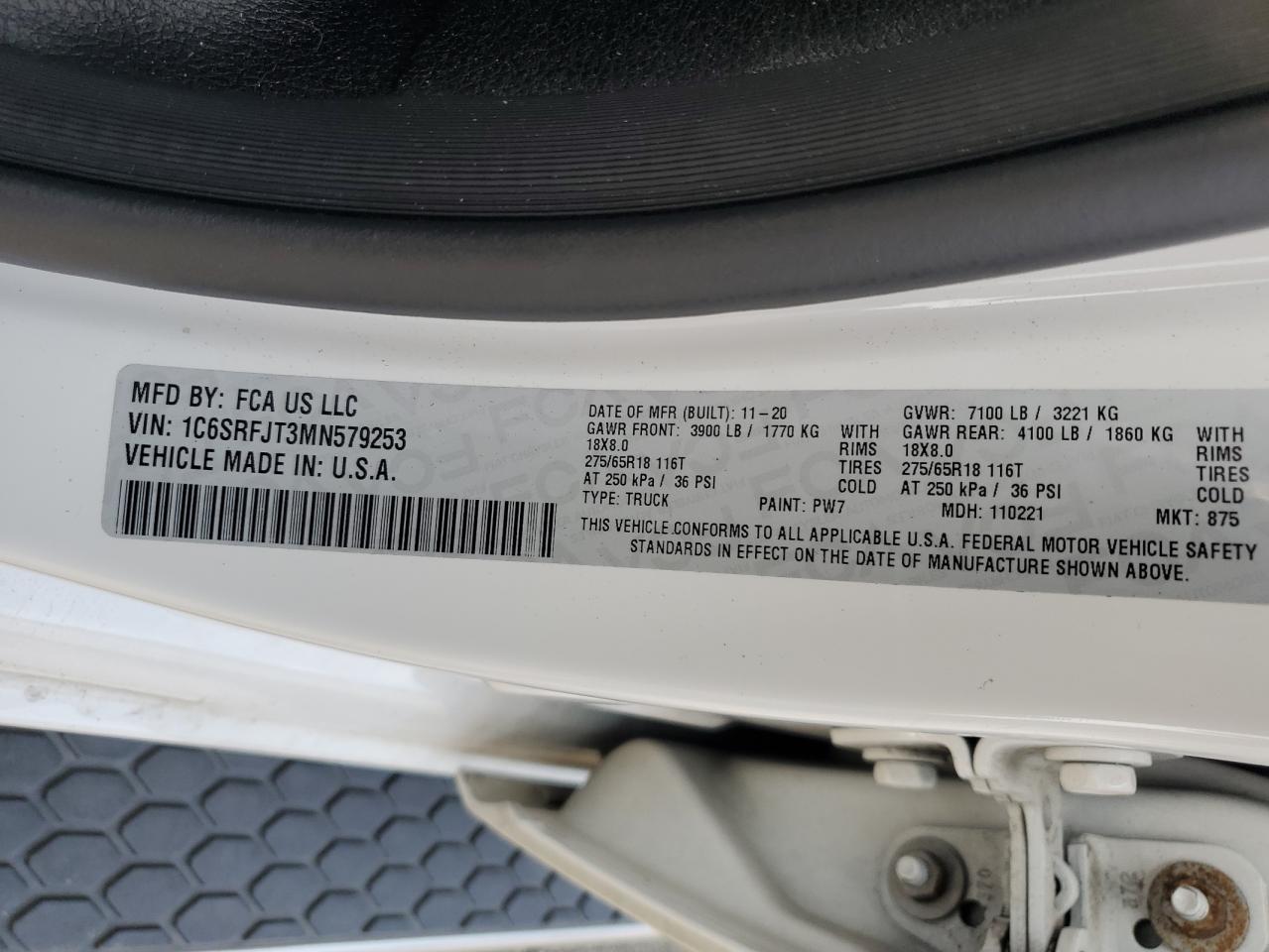 2021 Ram 1500 Laramie VIN: 1C6SRFJT3MN579253 Lot: 81647365