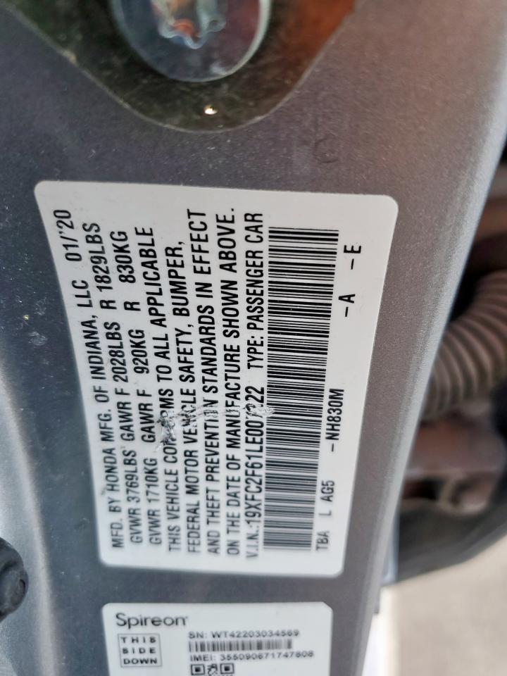 2020 Honda Civic Lx VIN: 19XFC2F61LE007222 Lot: 81953435
