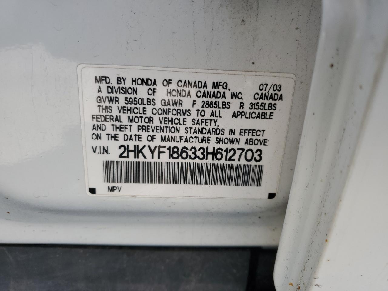 2003 Honda Pilot Exl VIN: 2HKYF18633H612703 Lot: 80222635