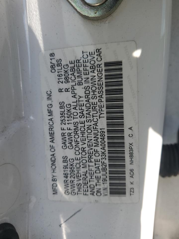 2019 Acura Tlx VIN: 19UUB2F33KA004891 Lot: 72044995