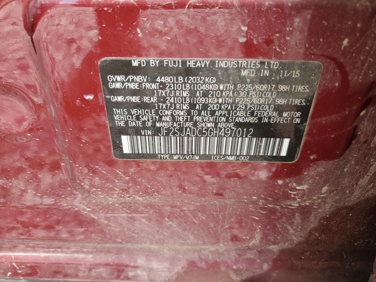 2016 Subaru Forester 2.5I Premium VIN: JF2SJADC5GH497012 Lot: 83813535