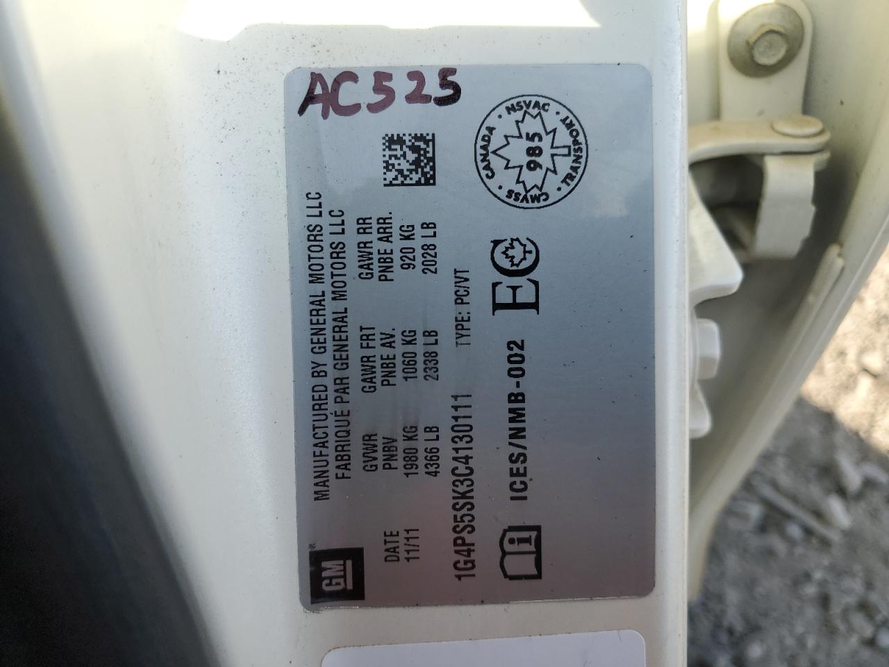 2012 Buick Verano VIN: 1G4PS5SK3C4130111 Lot: 81085445