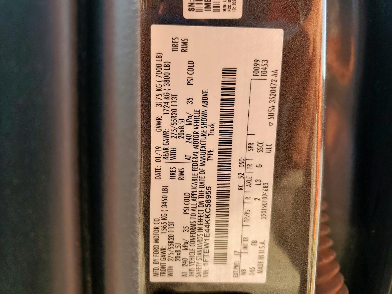 2019 Ford F150 Supercrew VIN: 1FTEW1E44KKC58955 Lot: 80496775