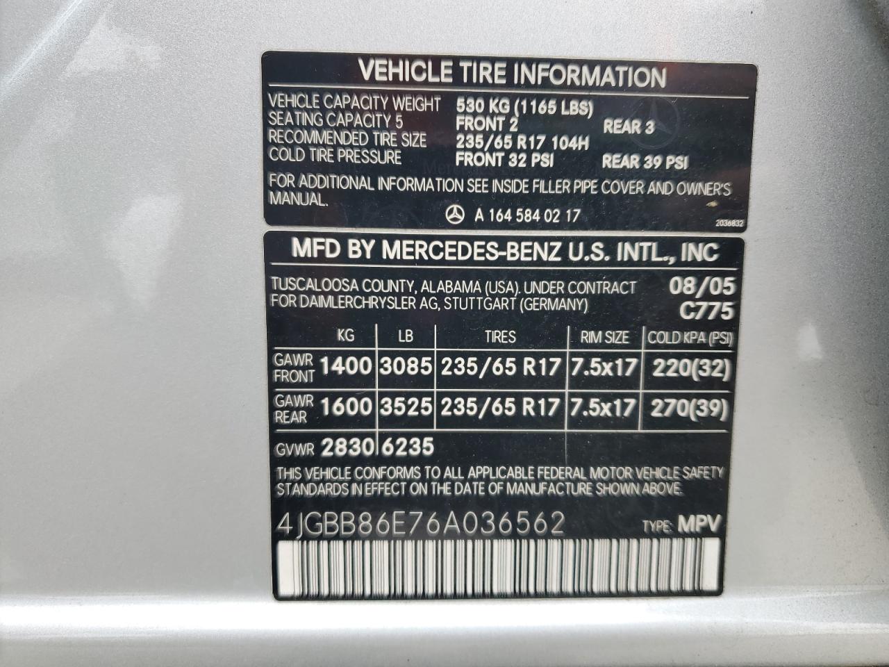 2006 Mercedes-Benz Ml 350 VIN: 4JGBB86E76A036562 Lot: 84576395