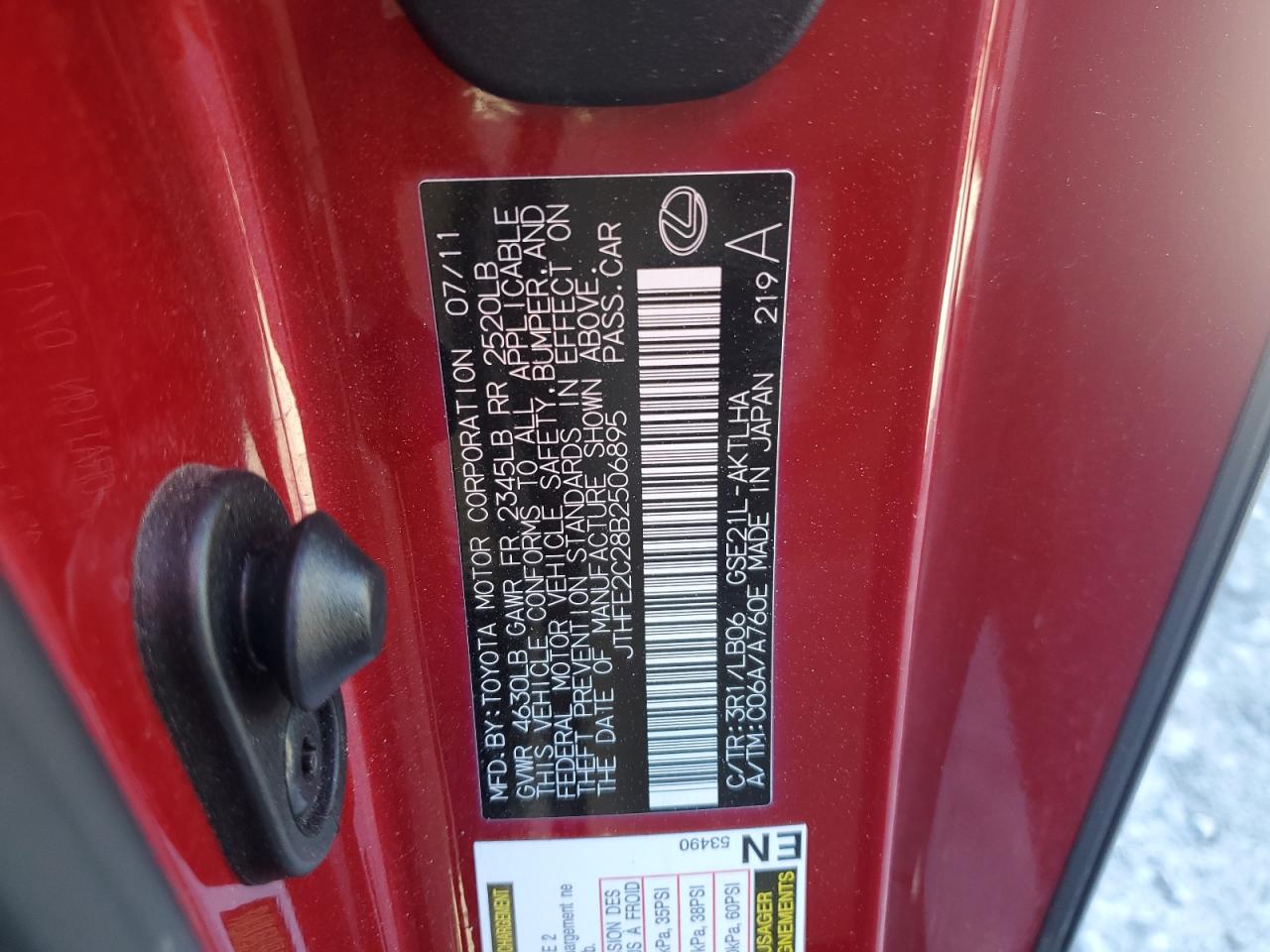 2011 Lexus Is 350 VIN: JTHFE2C28B2506895 Lot: 81678905