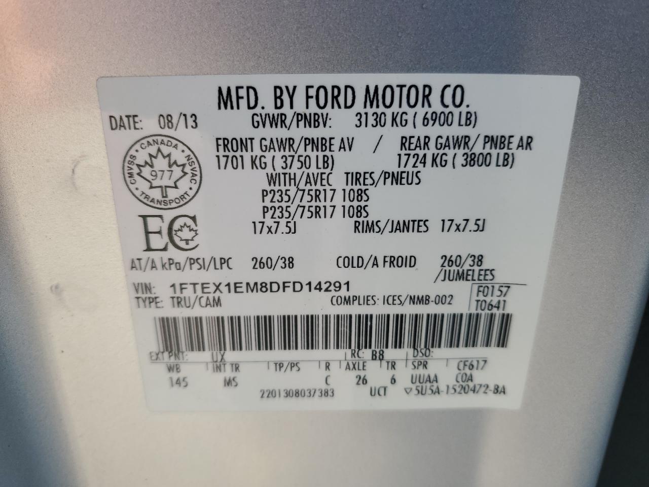 2013 Ford F150 Super Cab VIN: 1FTEX1EM8DFD14291 Lot: 80009455