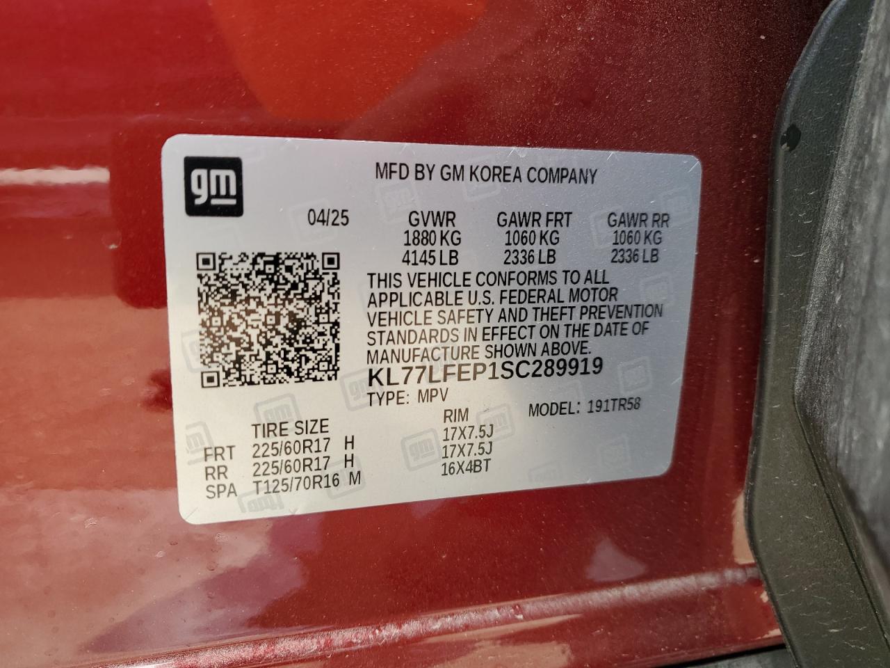 2025 Chevrolet Trax Ls VIN: KL77LFEP1SC289919 Lot: 80190275