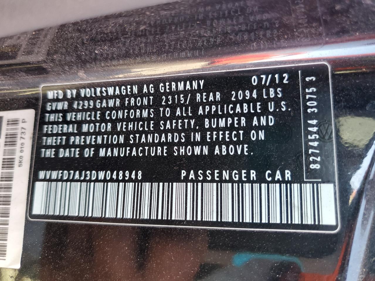 2013 Volkswagen Gti VIN: WVWFD7AJ3DW048948 Lot: 72096015