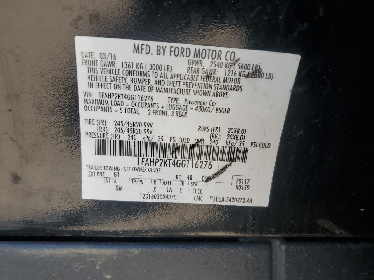 2016 Ford Taurus Sho VIN: 1FAHP2KT4GG116276 Lot: 81924285