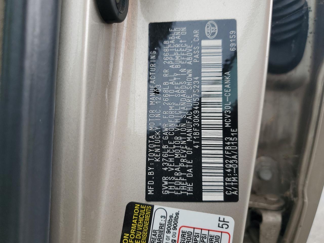 2004 Toyota Camry Le VIN: 4T1BF30K94U575234 Lot: 71221805