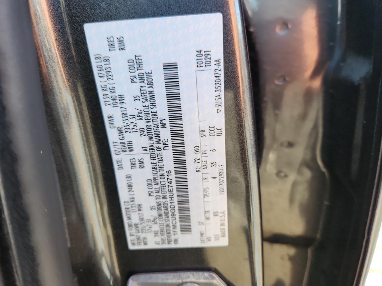 2017 Ford Escape Se VIN: 1FMCU9GD1HUE74716 Lot: 80619685