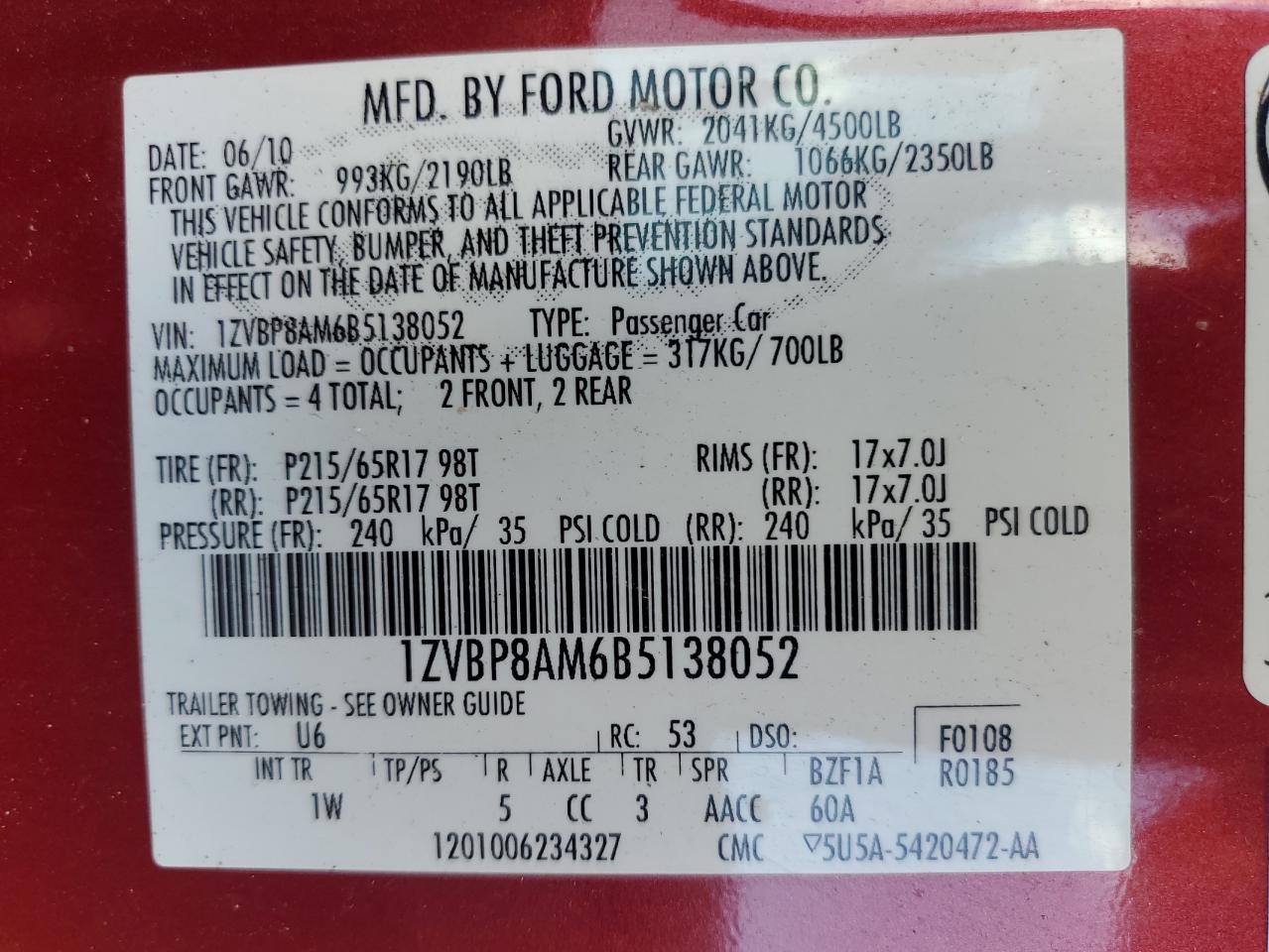 2011 Ford Mustang VIN: 1ZVBP8AM6B5138052 Lot: 80007555