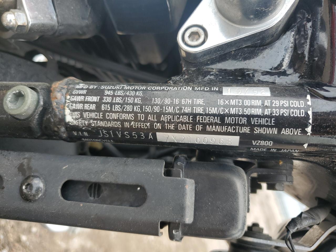 1997 Suzuki Vz800 VIN: JS1VS53A7X2100963 Lot: 71126485