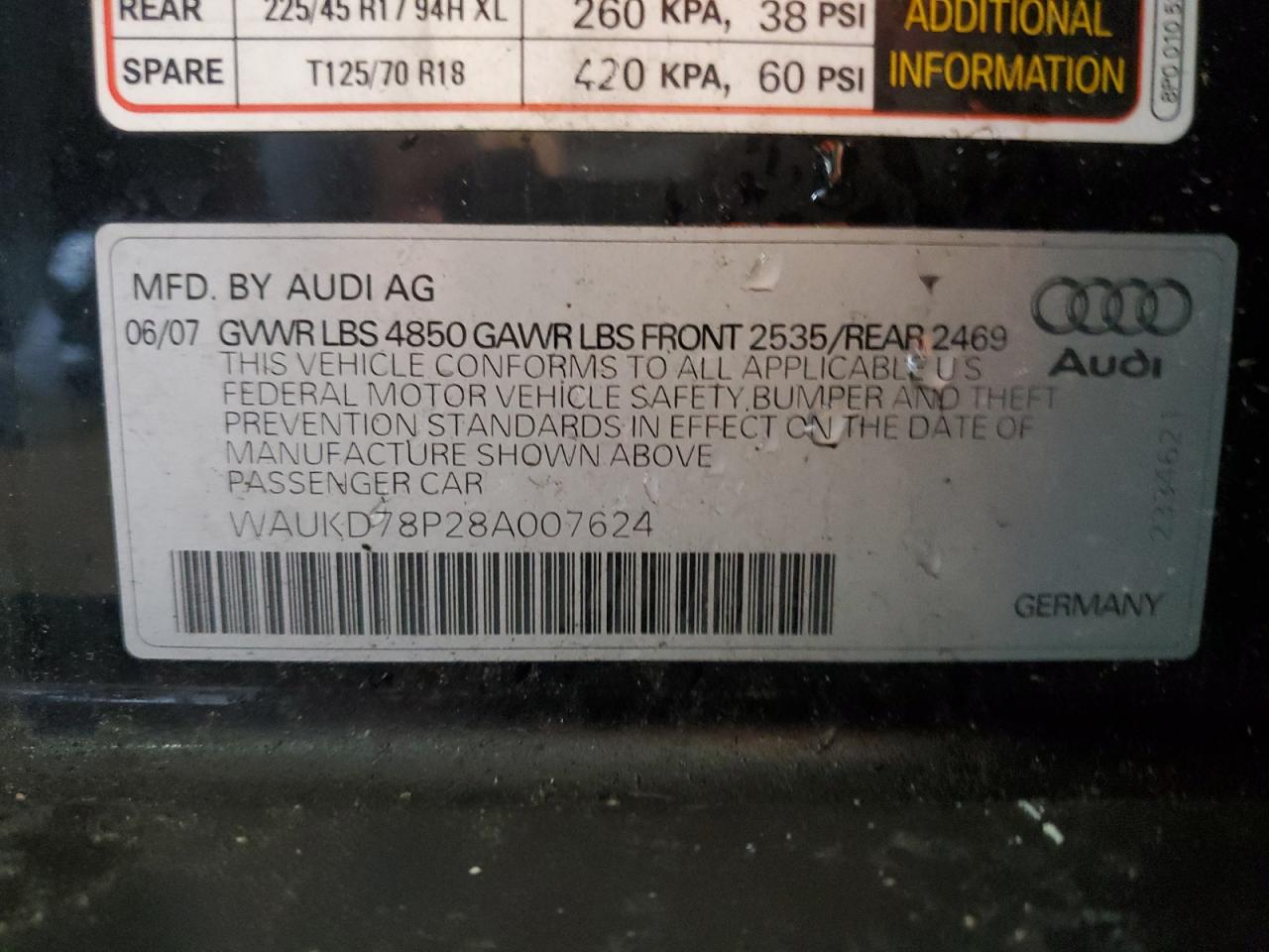 2008 Audi A3 S-Line 3.2 Quattro VIN: WAUKD78P28A007624 Lot: 82153395