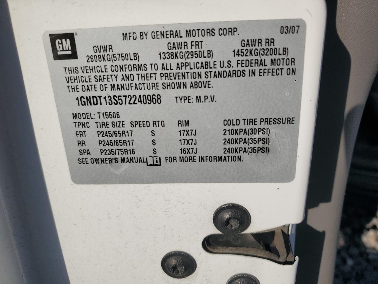 2007 Chevrolet Trailblazer Ls VIN: 1GNDT13S572240968 Lot: 71059045