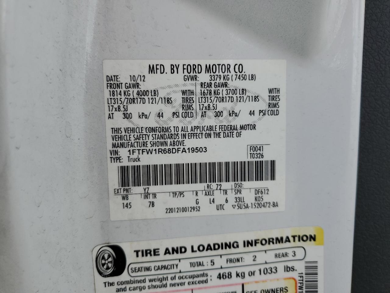 2013 Ford F150 Svt Raptor VIN: 1FTFW1R68DFA19503 Lot: 84292935