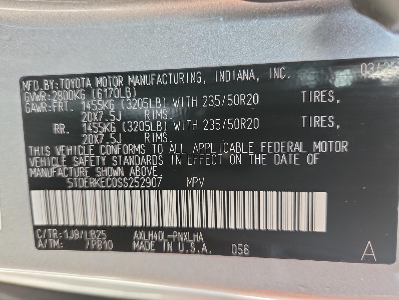 2025 Toyota Sienna Limited VIN: 5TDERKEC0SS252907 Lot: 84353665