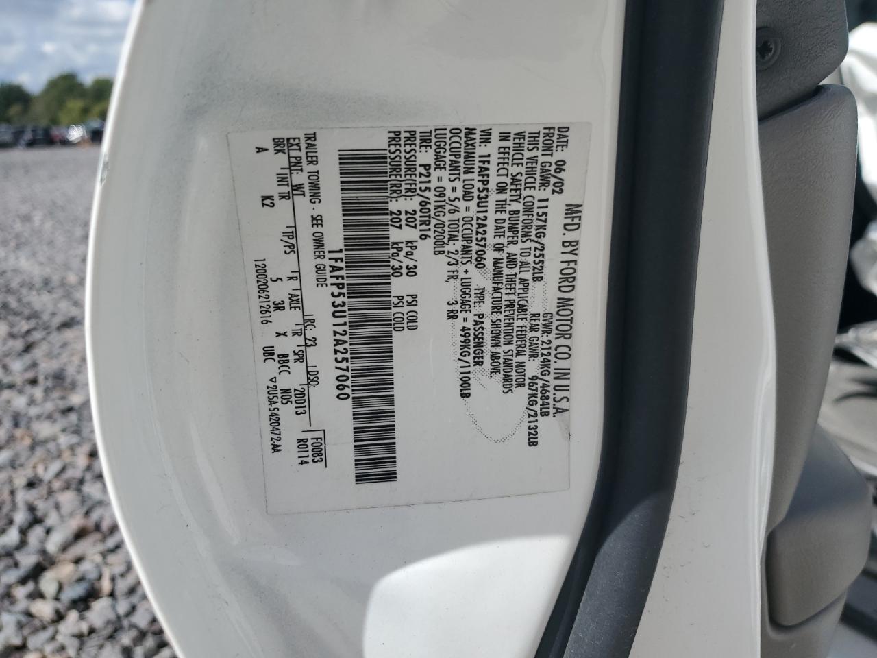 2002 Ford Taurus Se VIN: 1FAFP53U12A257060 Lot: 81606655