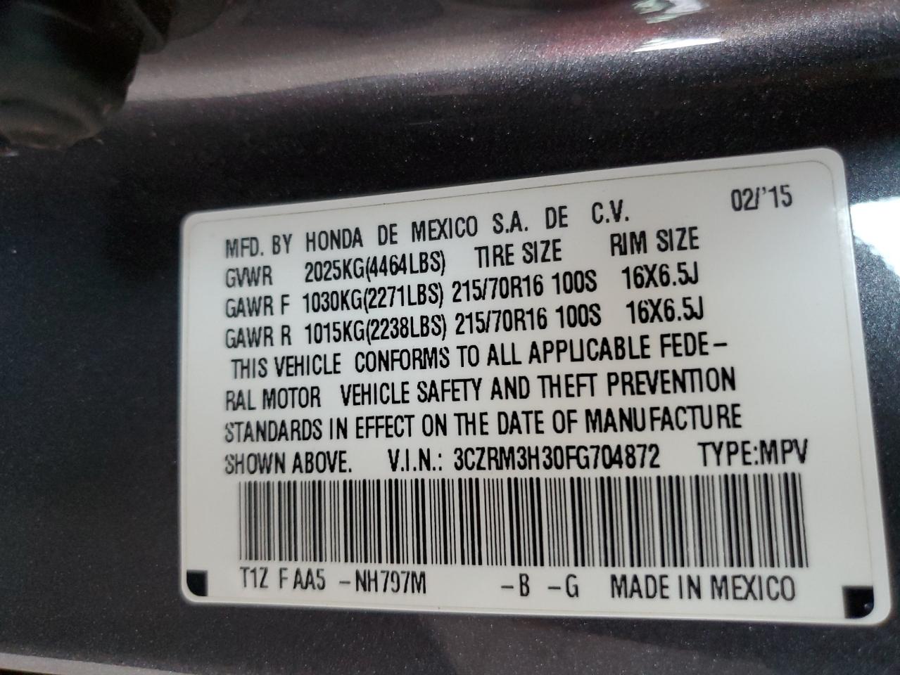 2015 Honda Cr-V Lx VIN: 3CZRM3H30FG704872 Lot: 71931965
