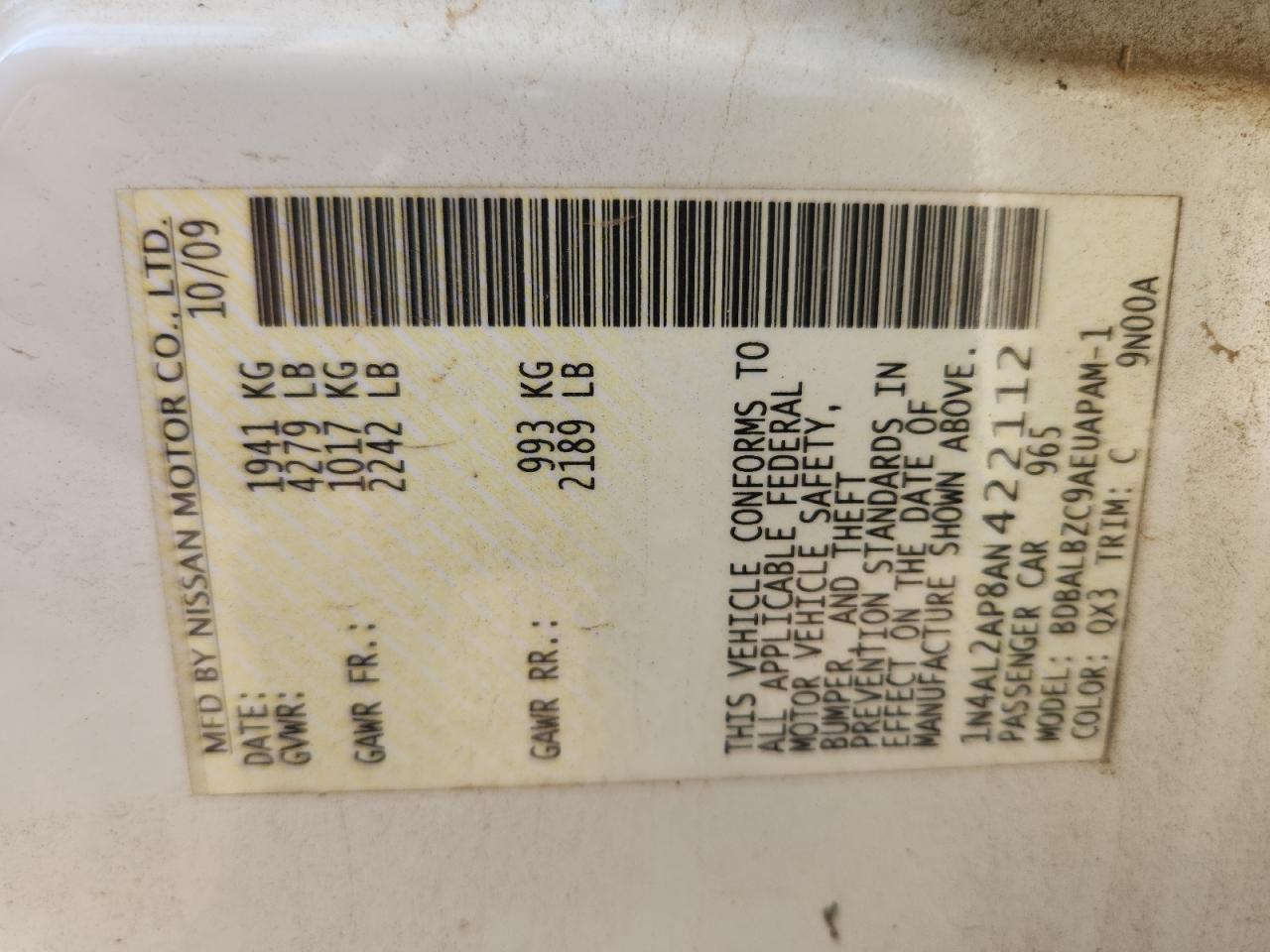 2010 Nissan Altima Base VIN: 1N4AL2AP8AN422112 Lot: 80403695