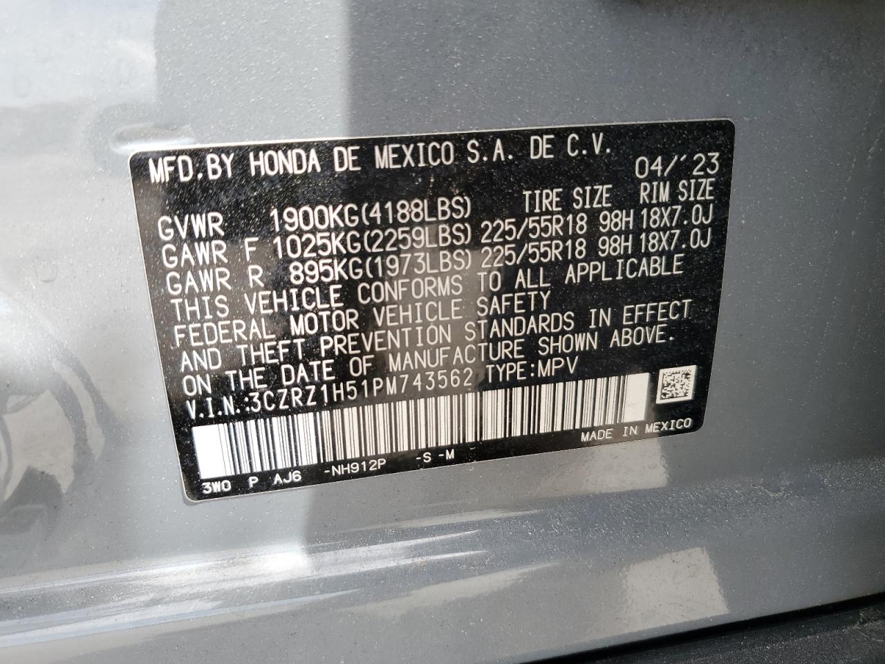 2023 Honda Hr-V Sport VIN: 3CZRZ1H51PM743562 Lot: 80966445