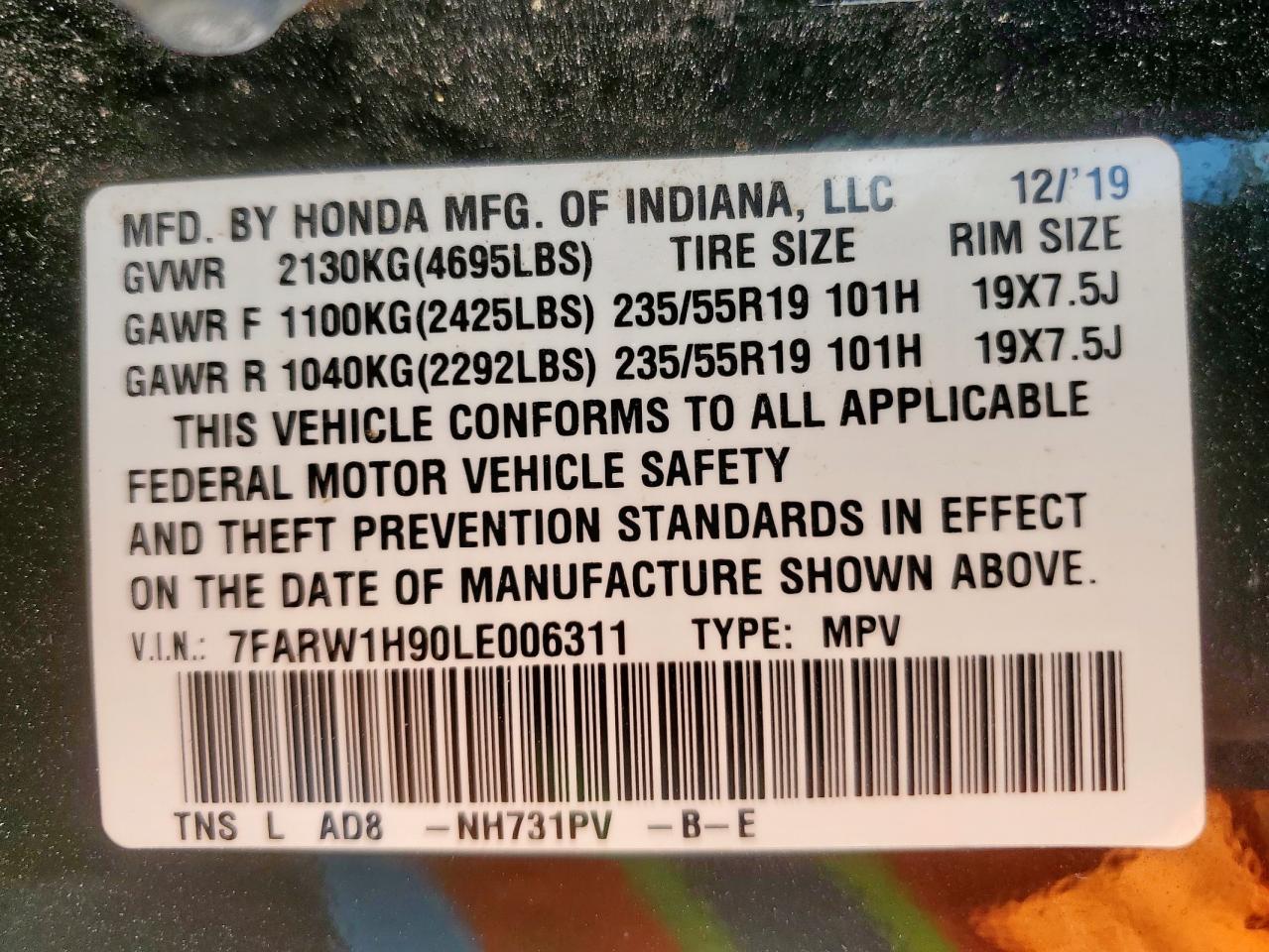 2020 Honda Cr-V Touring VIN: 7FARW1H90LE006311 Lot: 84605325