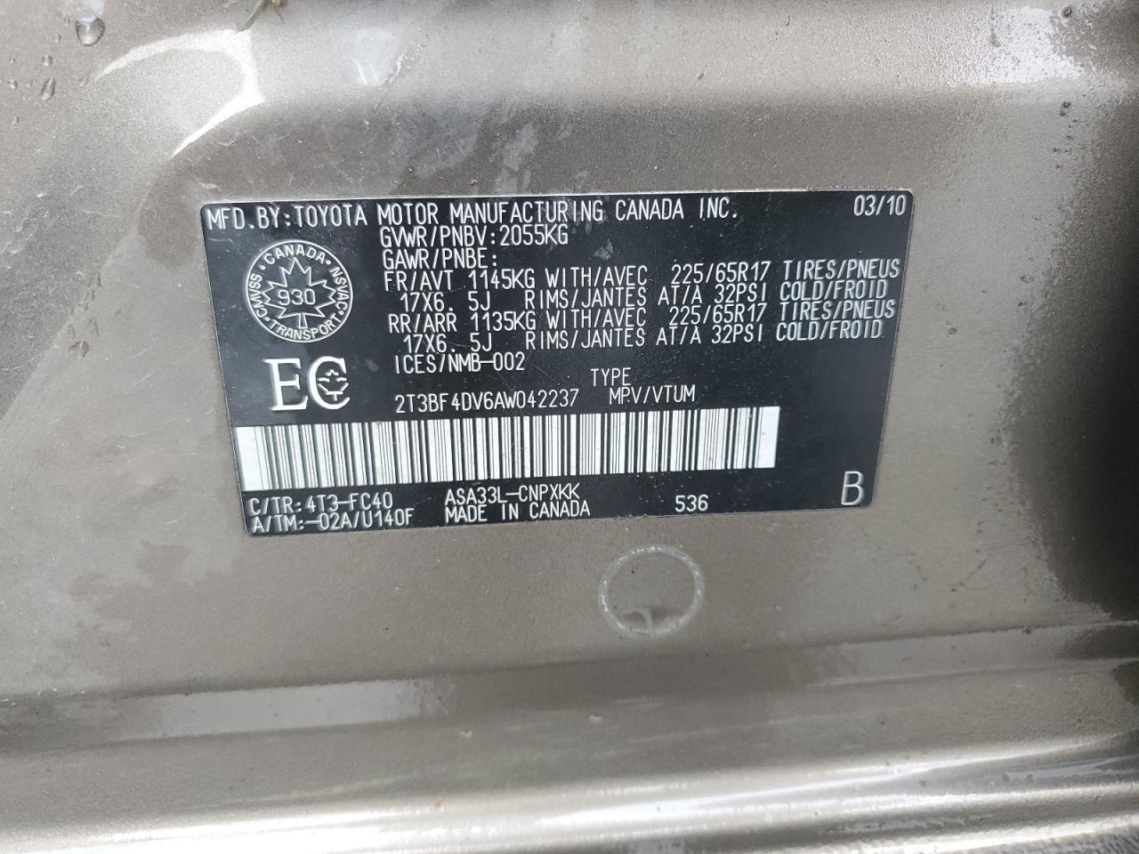 2010 Toyota Rav4 VIN: 2T3BF4DV6AW042237 Lot: 81776035