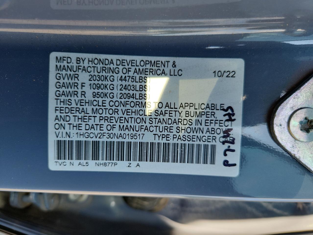 2022 Honda Accord Sport VIN: 1HGCV2F30NA019517 Lot: 84222695