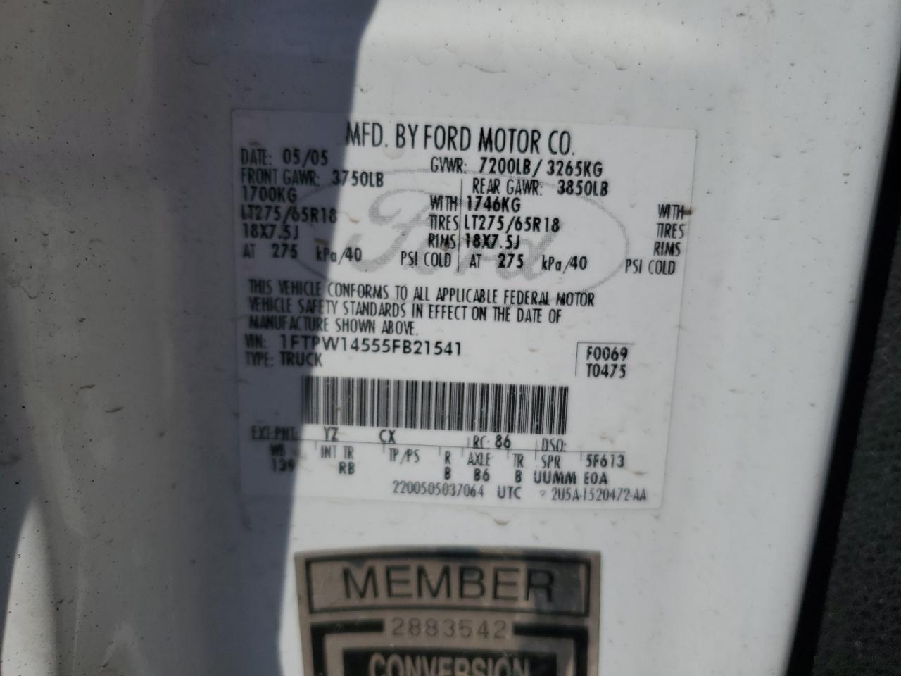 2005 Ford F150 Supercrew VIN: 1FTPW14555FB21541 Lot: 81120125