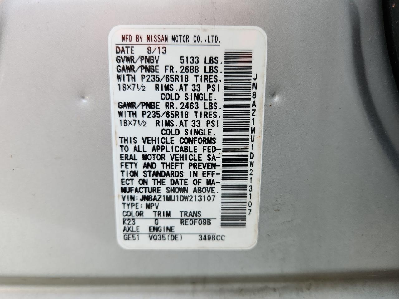 2013 Nissan Murano S VIN: JN8AZ1MU1DW213107 Lot: 71199315