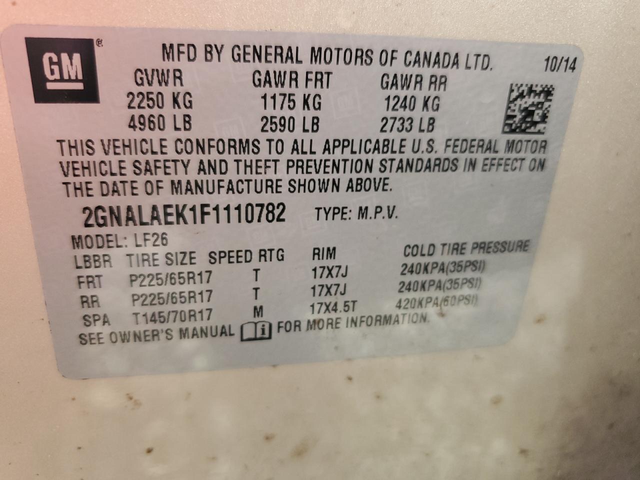 2015 Chevrolet Equinox Ls VIN: 2GNALAEK1F1110782 Lot: 71984935