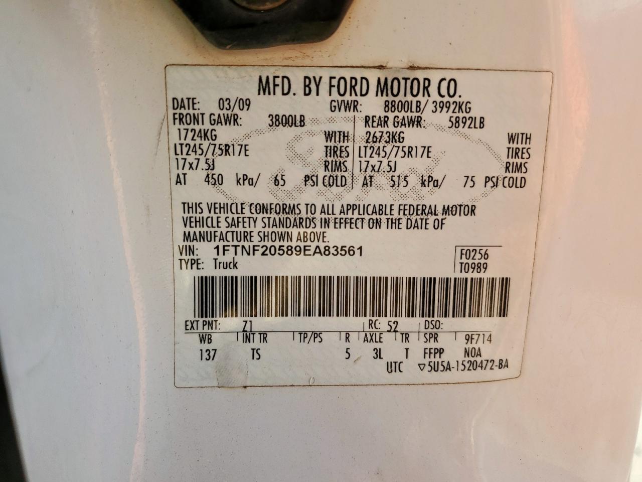 2009 Ford F250 Super Duty VIN: 1FTNF20589EA83561 Lot: 80101075