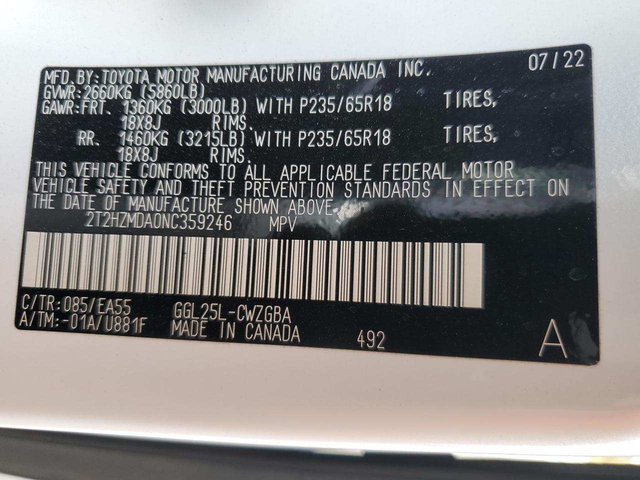 2022 Lexus Rx 350 VIN: 2T2HZMDA0NC359246 Lot: 81455455