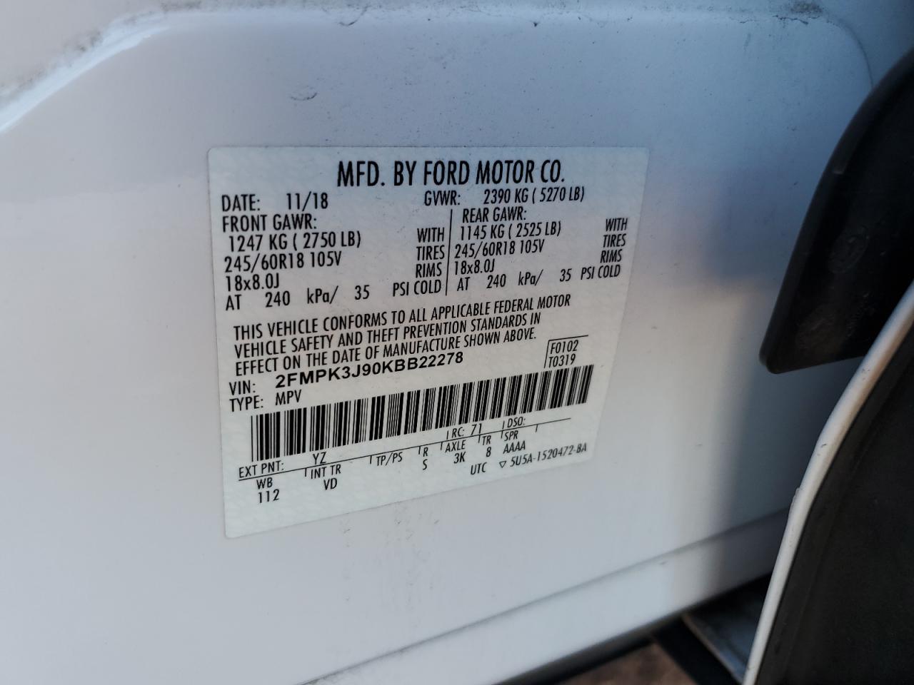 2019 Ford Edge Sel VIN: 2FMPK3J90KBB22278 Lot: 80694095