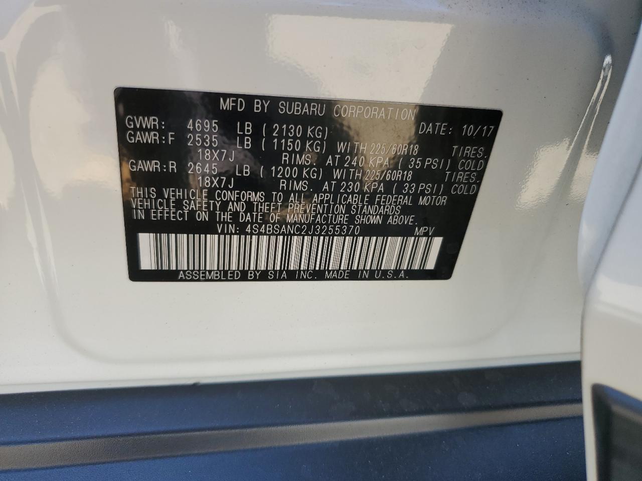 2018 Subaru Outback 2.5I Limited VIN: 4S4BSANC2J3255370 Lot: 81046965