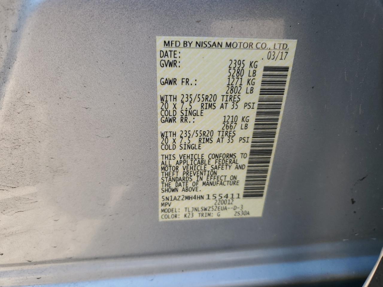 2017 Nissan Murano S VIN: 5N1AZ2MH4HN155411 Lot: 80099275