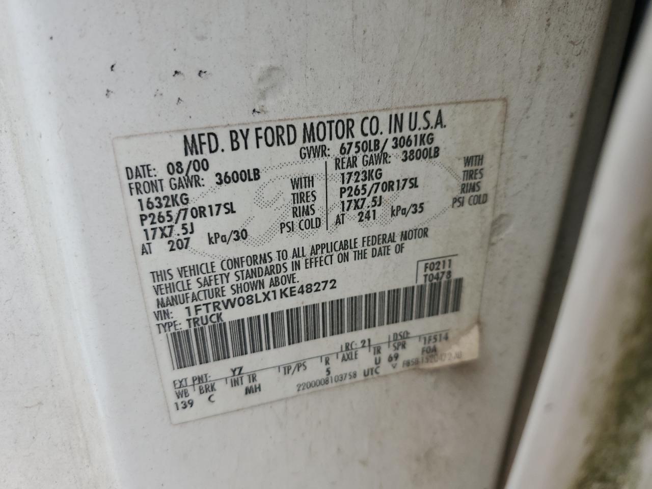 2001 Ford F150 Supercrew VIN: 1FTRW08LX1KE48272 Lot: 84428935