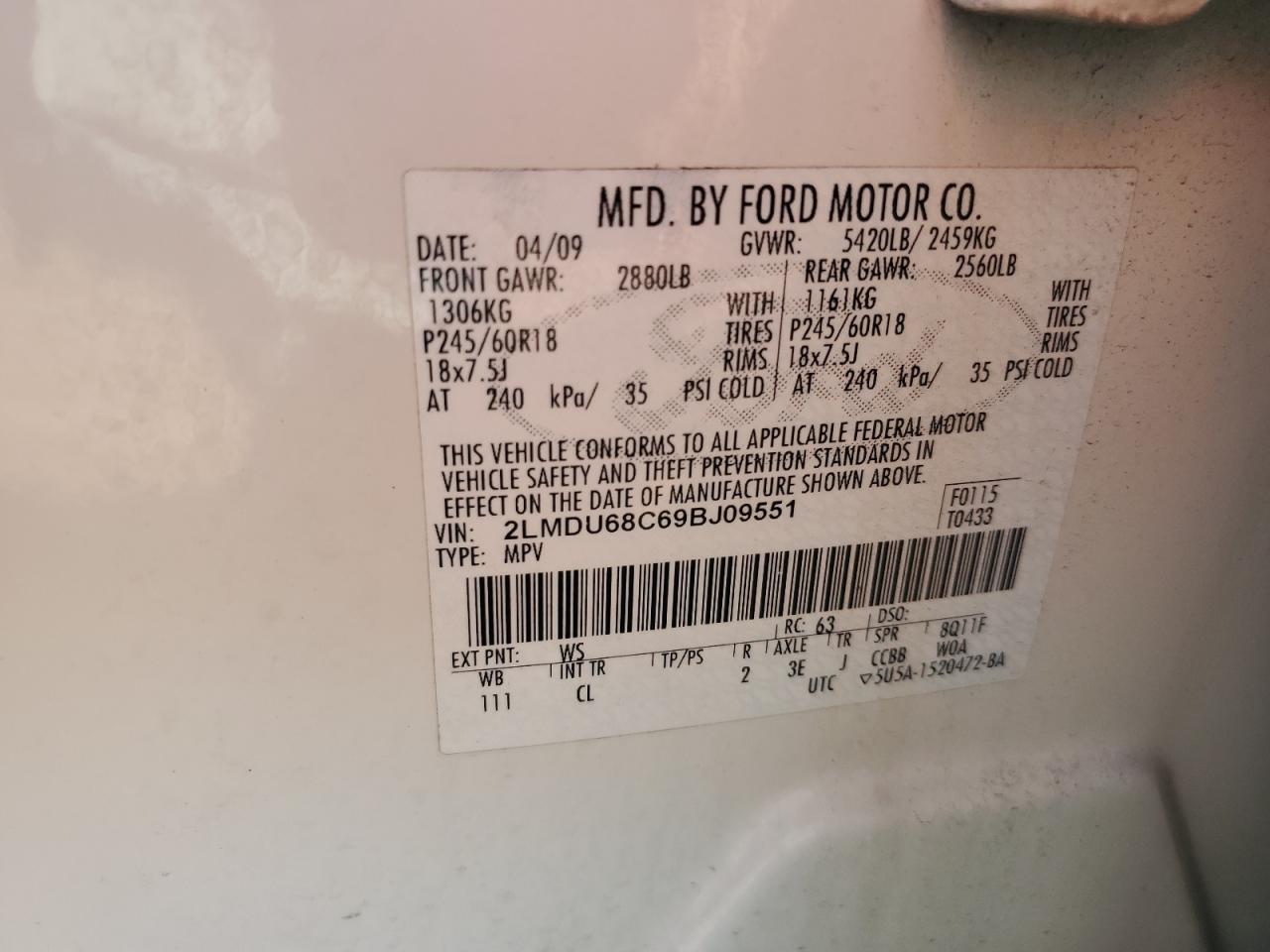 2009 Lincoln Mkx VIN: 2LMDU68C69BJ09551 Lot: 84014235