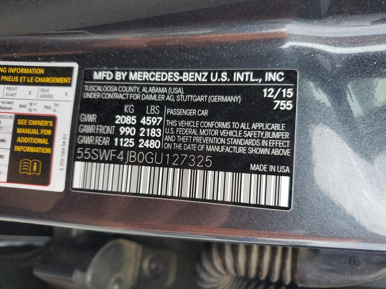 2016 Mercedes-Benz C 300 VIN: 55SWF4JB0GU127325 Lot: 81777825