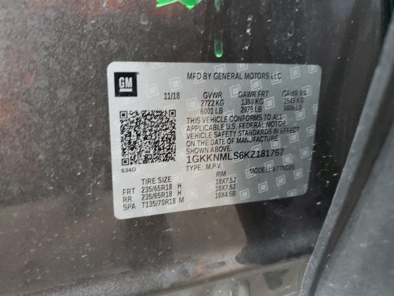 2019 GMC Acadia Slt-1 VIN: 1GKKNMLS6KZ181767 Lot: 81900425