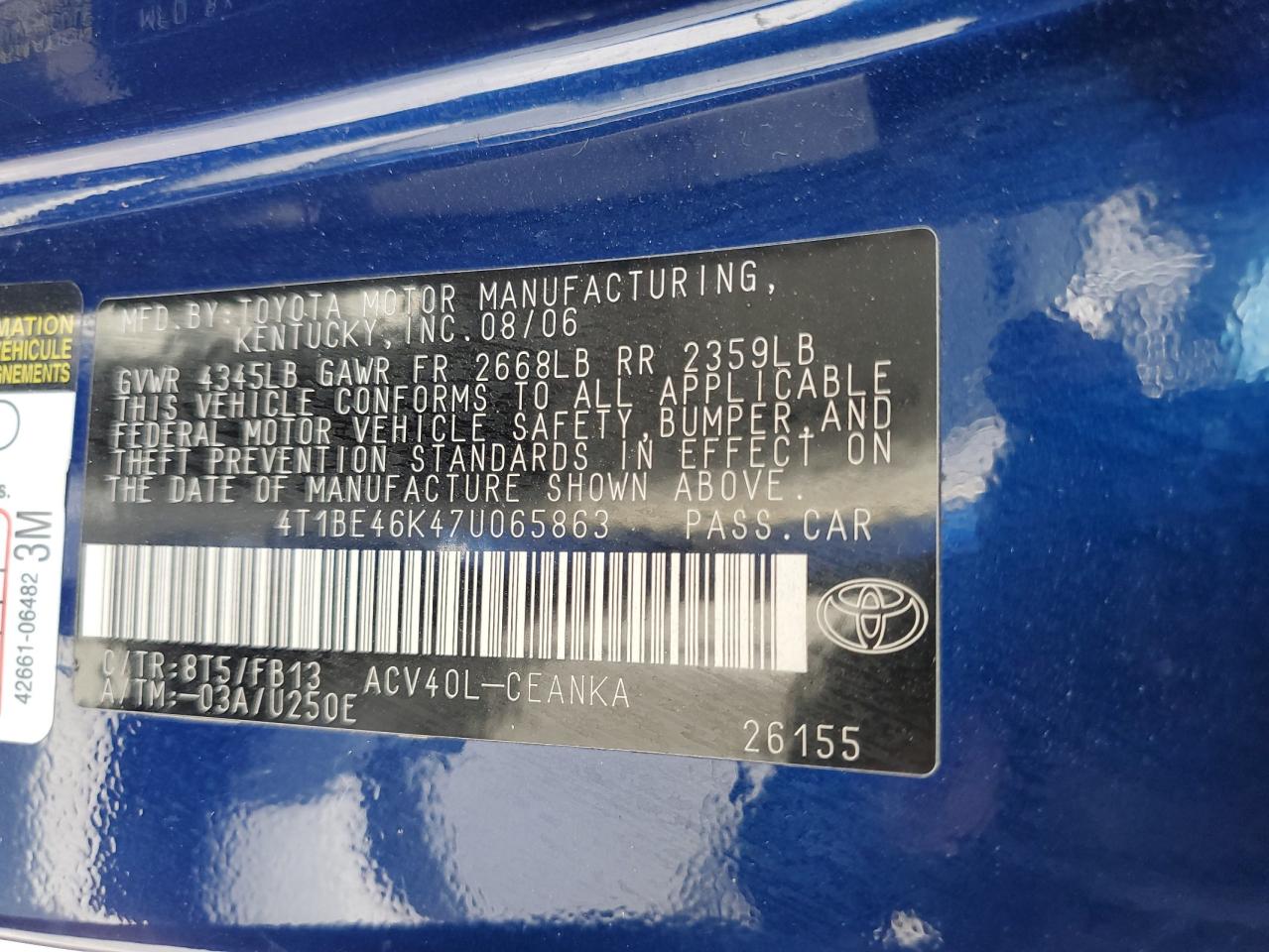 2007 Toyota Camry Ce VIN: 4T1BE46K47U065863 Lot: 84030895